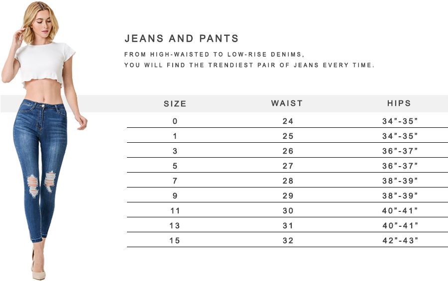 Jeans size chart, how to know your jeans size 